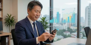 중소기업 스마트서비스 지원사업 스마트폰으로 AI 솔루션 도입 신청서를 검토하는 서비스업 대표