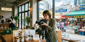 지자체 창업 지원금 로컬 카페 안에서 젊은 창업가가 지역 특산물로 만든 제품을 홍보용 카메라로 촬영하고 있다.