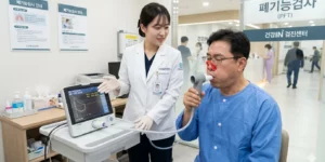 폐기능검사 2026 신규 병원 검진실에서 코를 집게로 막고 스파이로미터 마우스피스를 입에 물고 폐기능검사를 받는 장면
