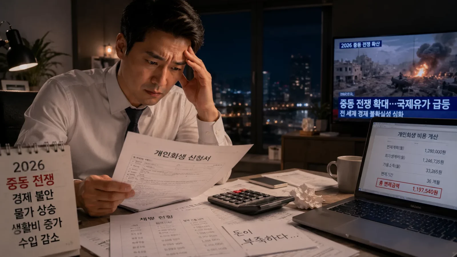 개인회생 비용 절감 개인회생 서류와 계산기 보는 직장인 2026 중동전쟁으로 물가 비상이다