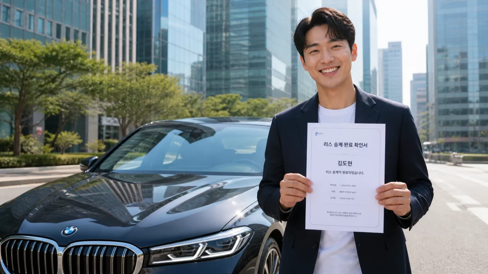 리스 승계 젊은 남성이 자신의 이름으로 된 리스 승계 완료 서류를 들고 환하게 웃는 모습