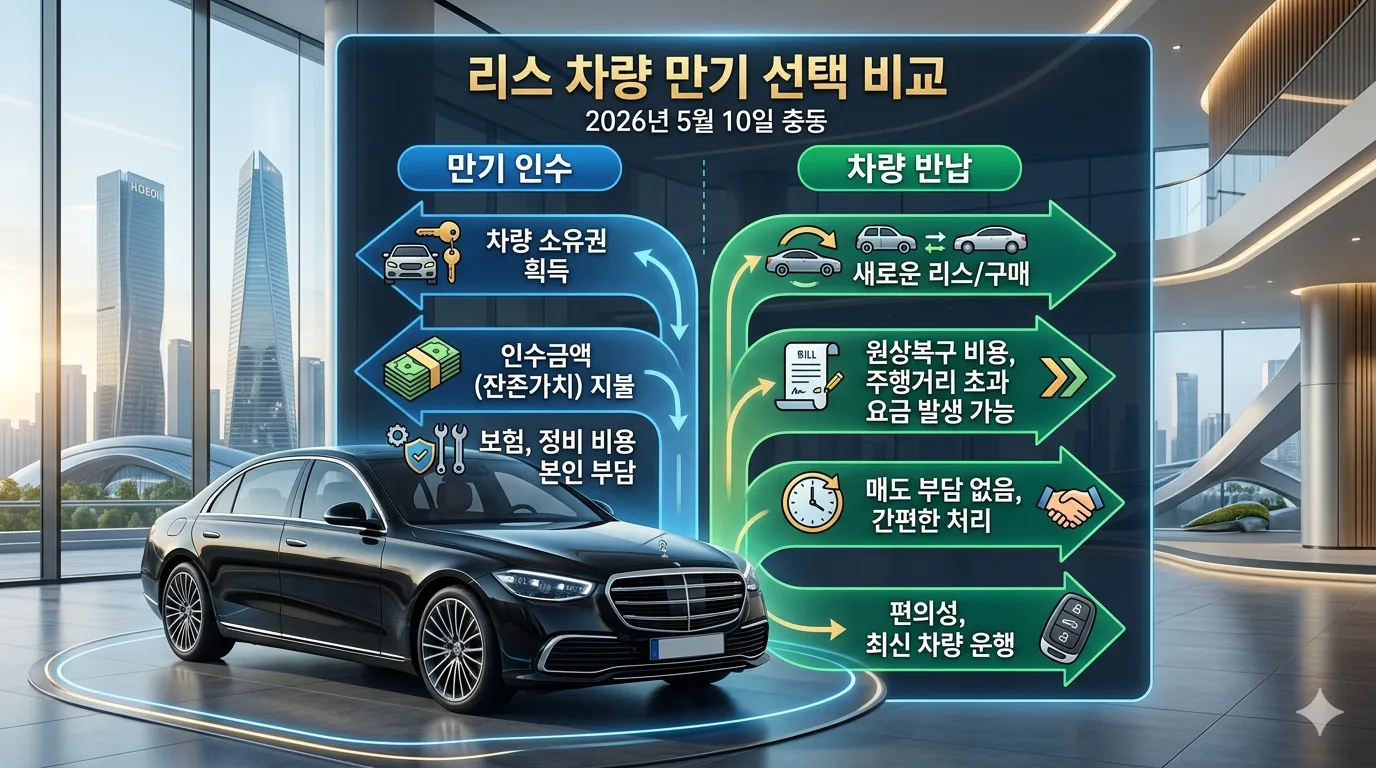 리스 잔존가치 리스 차량 앞에서 만기 인수 vs 반납 선택지를 비교하는 화살표 그래픽이다