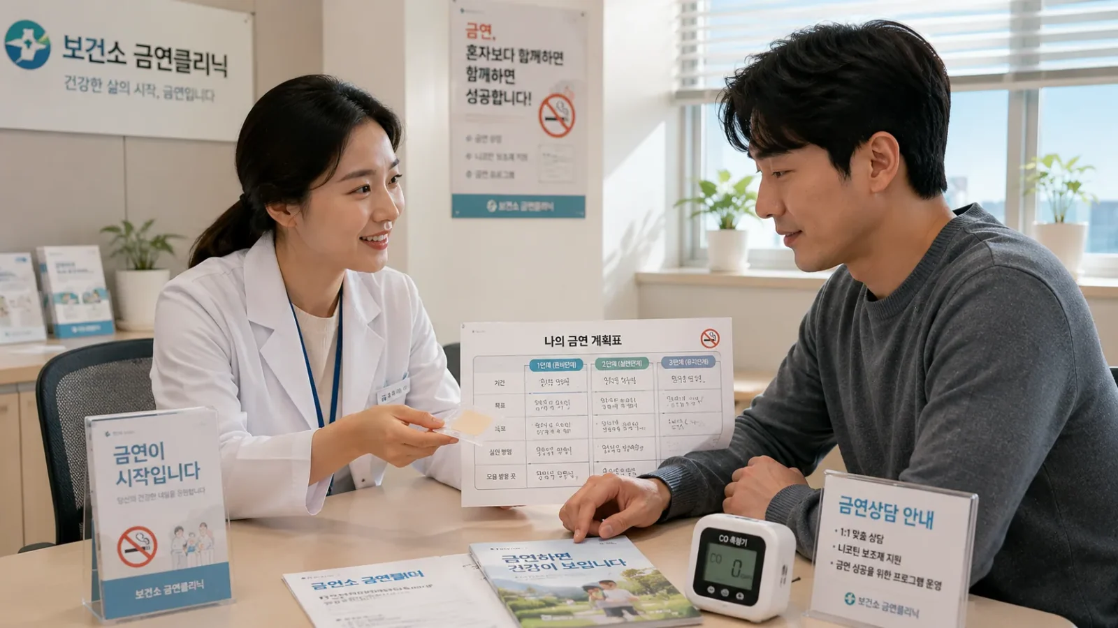 보건소 금연클리닉 상담실에서 금연 상담사가 30대 남성에게 니코틴 패치를 건네며 금연 계획표를 함께 보고 있다