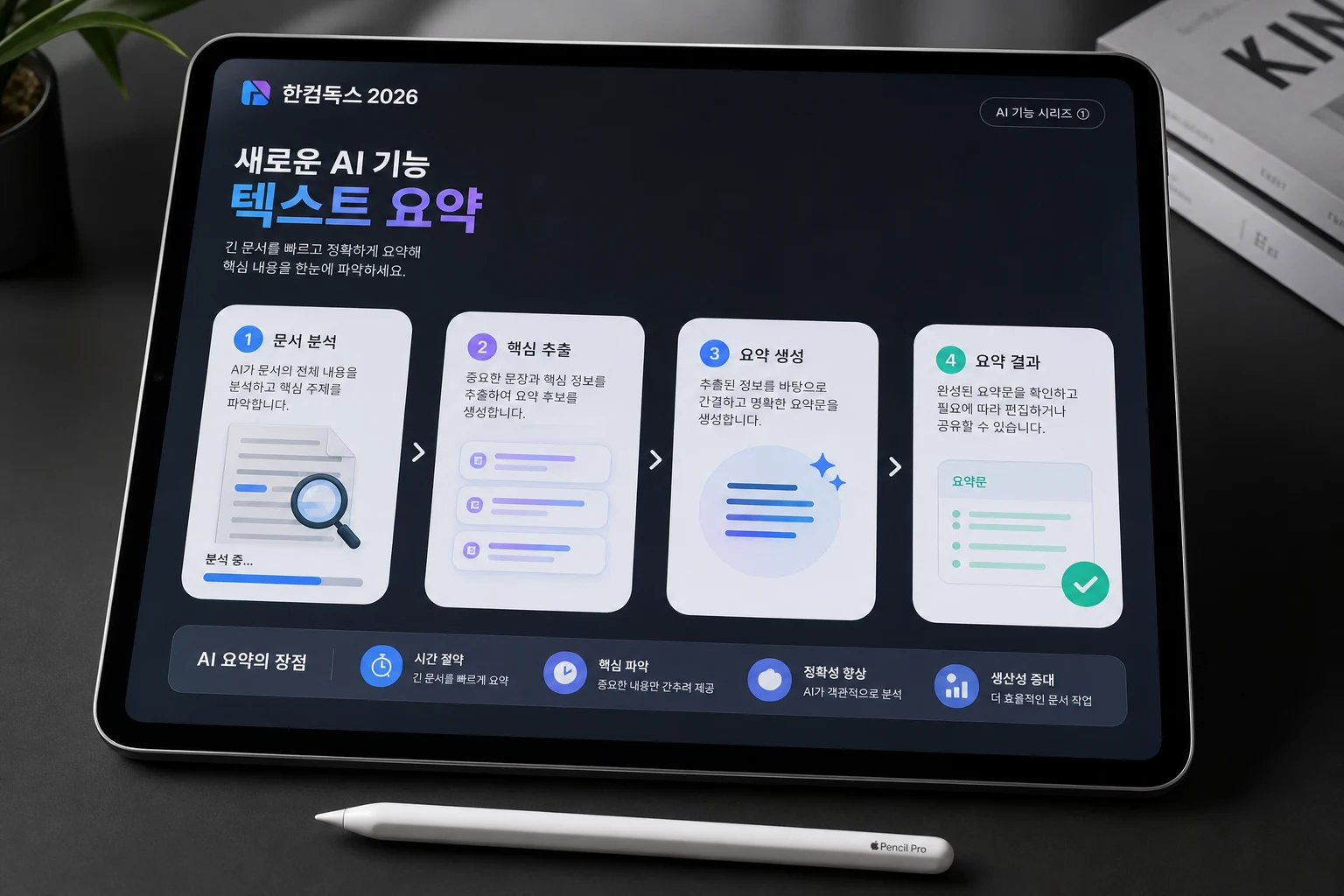 아이패드 프로 M5 한컴독스 2026의 새로운 AI 기능이 텍스트를 요약하는 과정을 시각화한 모던한 인포그래픽 화면