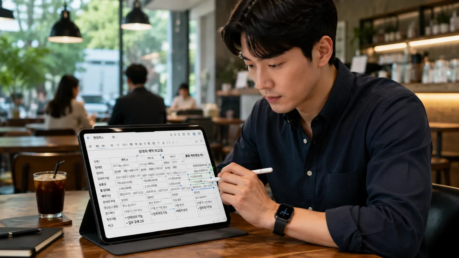 아이패드 한컴독스 고급 아이패드 프로를 카페 테이블에 놓고 Apple Pencil로 한컴독스 화면의 복잡한 표를 병합·편집하는 직장인이다