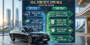 리스 잔존가치 리스 차량 앞에서 만기 인수 vs 반납 선택지를 비교하는 화살표 그래픽이다