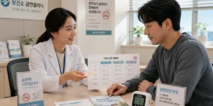 보건소 금연클리닉 상담실에서 금연 상담사가 30대 남성에게 니코틴 패치를 건네며 금연 계획표를 함께 보고 있다