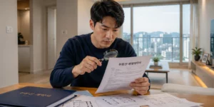빌라왕 전세 사기 신축 빌라의 거실에서 계약 서류와 돋보기를 들고 꼼꼼히 검토 중인 남성