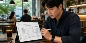 아이패드 한컴독스 고급 아이패드 프로를 카페 테이블에 놓고 Apple Pencil로 한컴독스 화면의 복잡한 표를 병합·편집하는 직장인이다