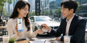 중고차 리스 승계 스마트폰으로 리스 승계 앱을 확인하며 차량 열쇠를 건네받는 두 사람