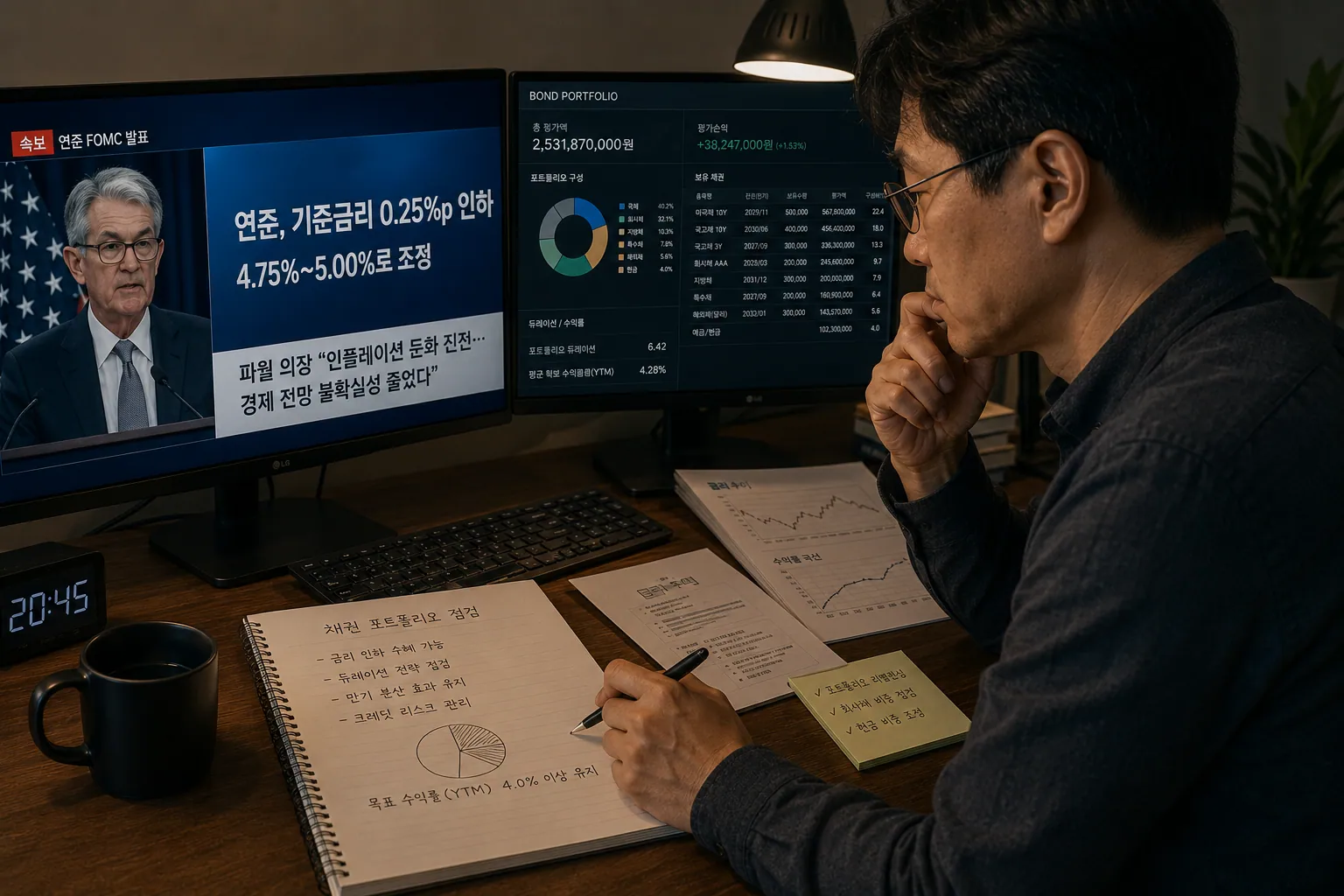 미국 장기채권 ETF 금리 인하 뉴스 화면 앞에서 채권 포트폴리오를 점검하는 40대 투자자