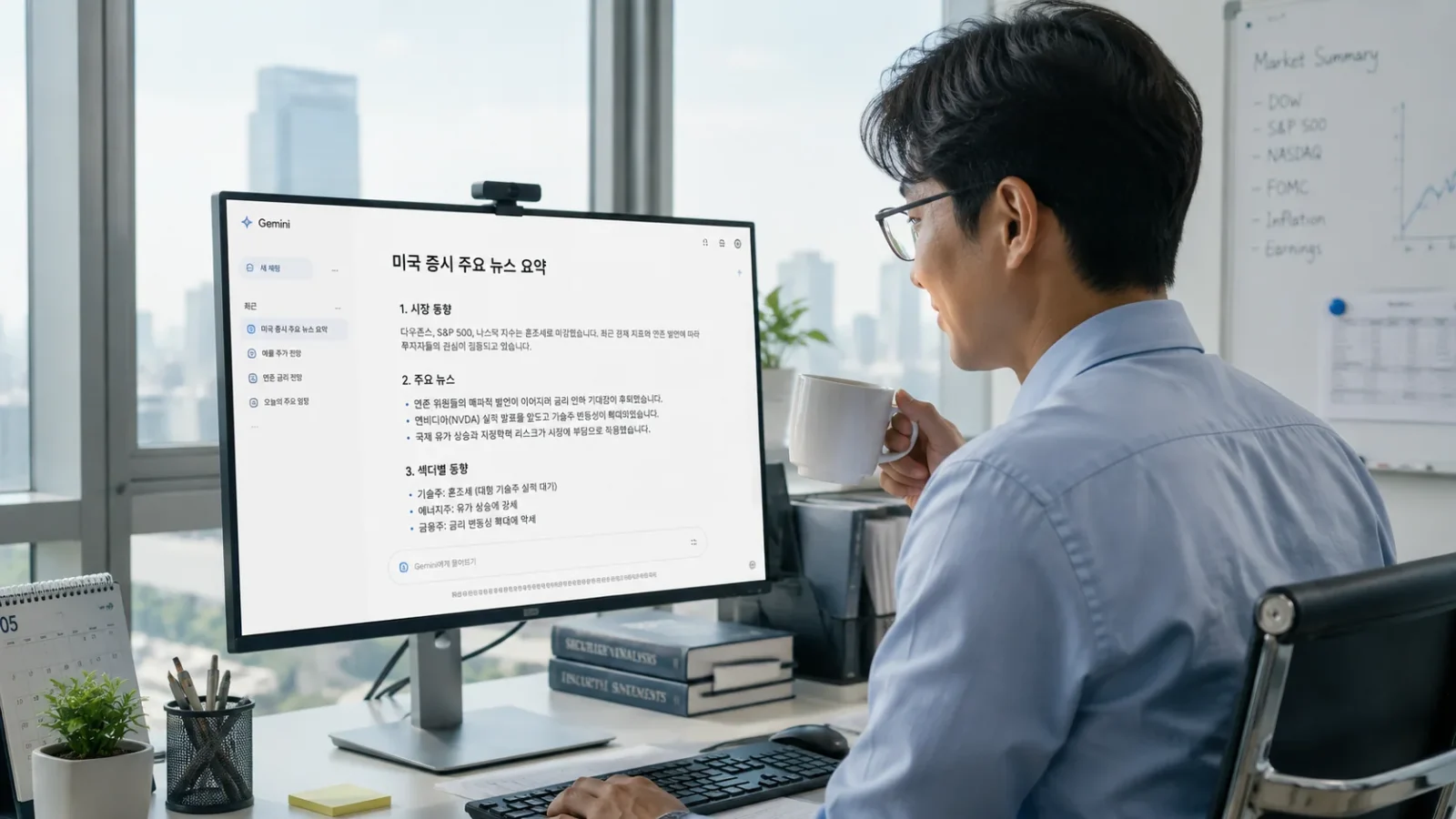 주식 AI 제미나이 사무실에서 제미나이 보며 미증시 뉴스 요약하는 직장인