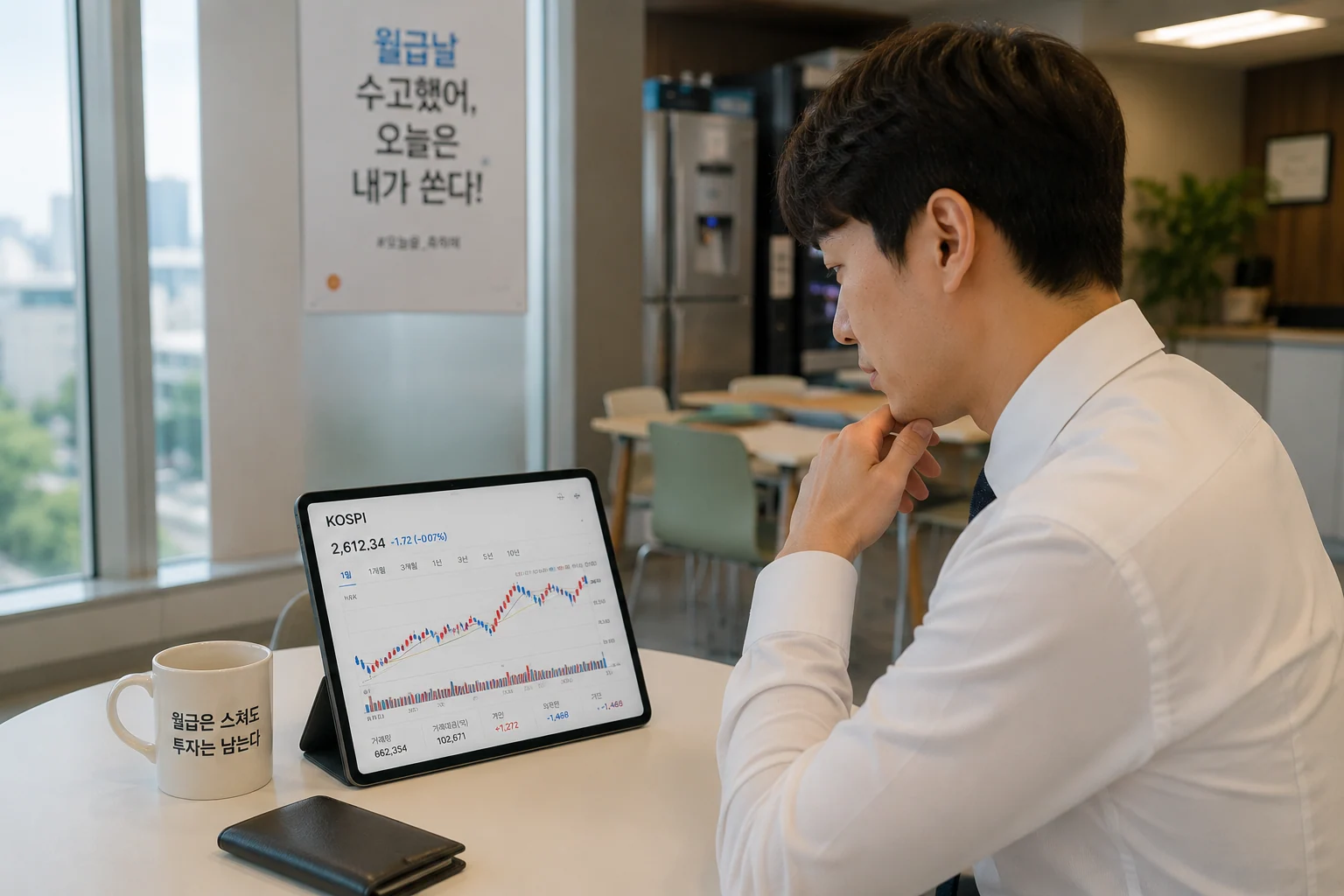 코스피 분할매수 월급날 코스피 차트 보는 직장인 아이패드로 휴게실