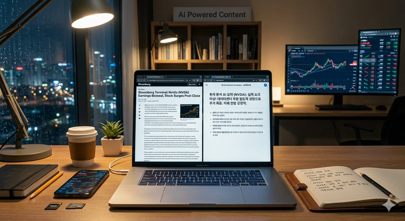 AI 주식 투자 노트북 화면에 영문 블룸버그 기사와 한국어 AI 요약 결과가 나란히 보이는 투자 분석 책상