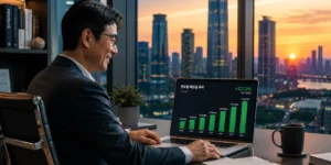 미국 배당주 매달 사무실 창가에서 MacBook Pro를 보며 웃고 있는 40대 남성, 화면에는 상승하는 배당금 차트가 보인다
