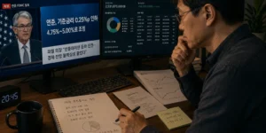 미국 장기채권 ETF 금리 인하 뉴스 화면 앞에서 채권 포트폴리오를 점검하는 40대 투자자