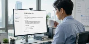 주식 AI 제미나이 사무실에서 제미나이 보며 미증시 뉴스 요약하는 직장인