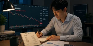 코스피 종목 분할매수 하락하는 코스피 주가 차트 앞에서 차분하게 현금 예산안을 작성하는 30대 남성 직장인