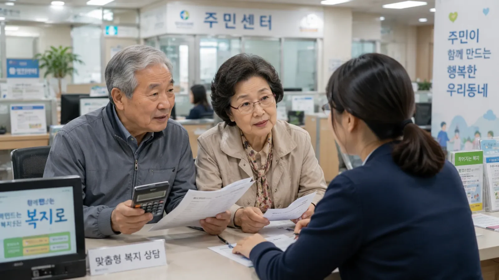 기초연금 수급 계산기와 서류를 들고 상담받는 노년 부부, 주민센터 창구