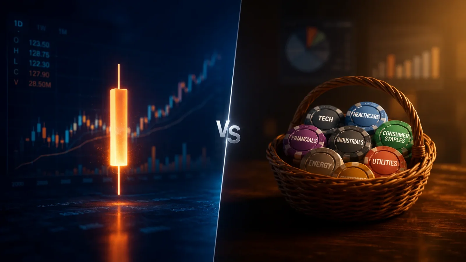 반도체사이클 ETF 개별주 분산 투자를 대비시킨 시네마틱 일러스트