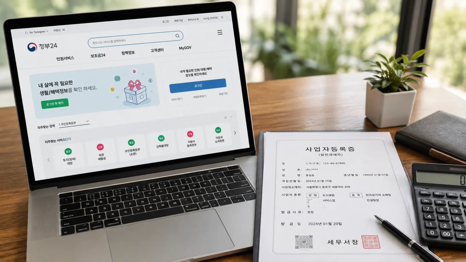 스마트스토어 디지털 상품 정부24 웹사이트 화면과 사업자등록증 서류가 놓인 책상