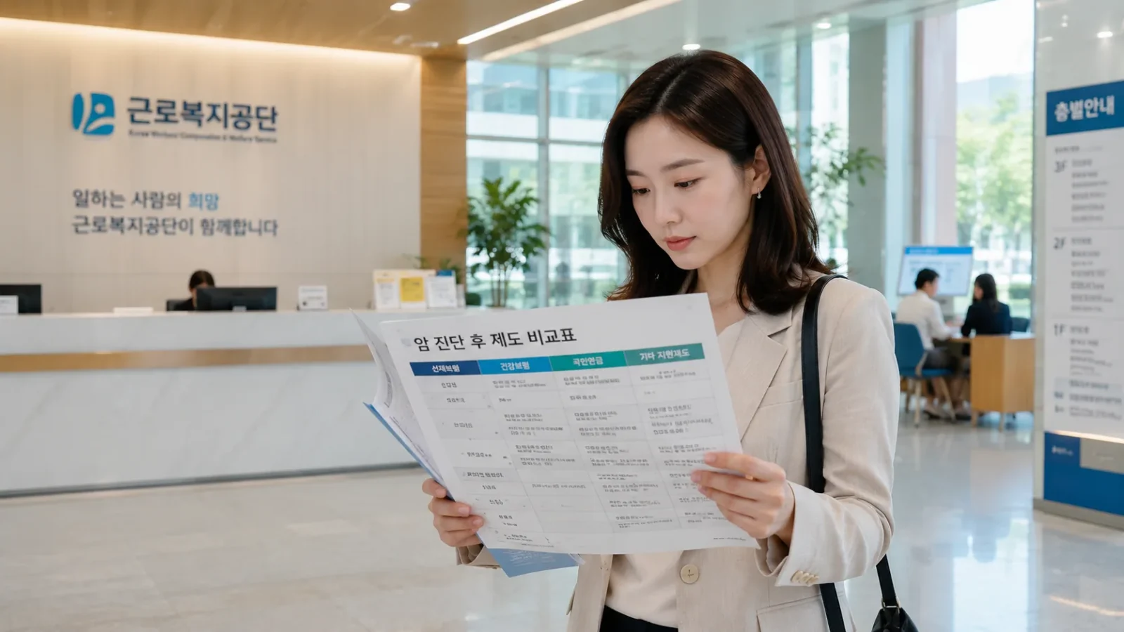 암 진단 후 직장 로비에서 암 진단 후 제도 비교표를 확인하는 30대 한국인
