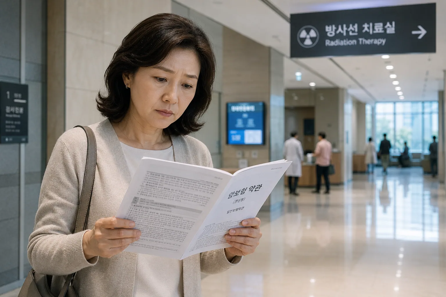 중입자 치료 암보험 약관 서류를 들고 병원 복도에서 고민하는 중년 여성