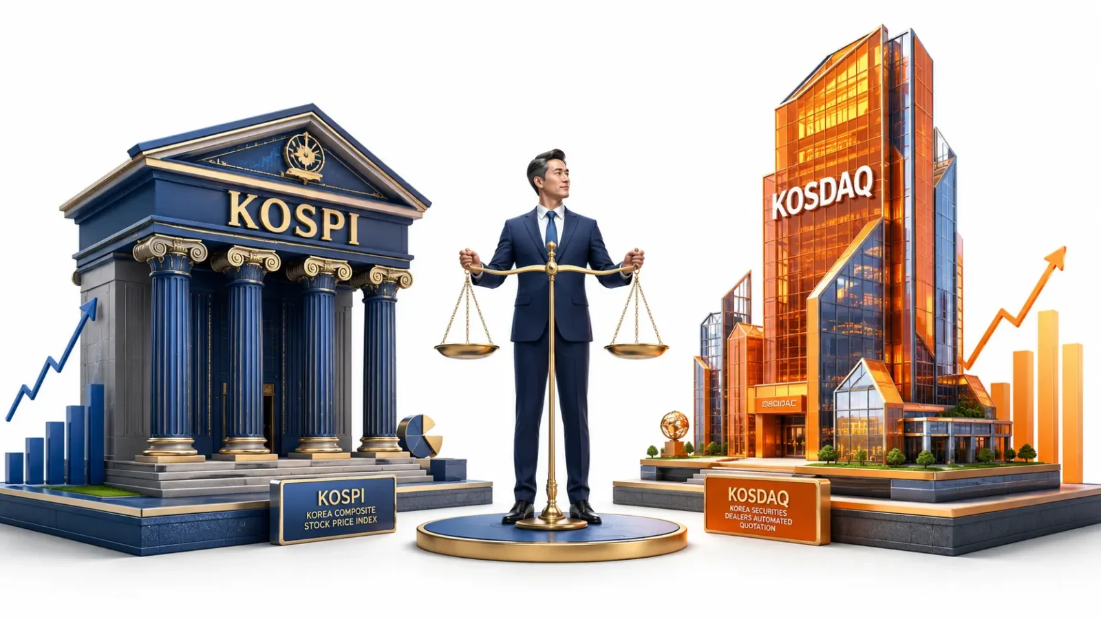 코스피 코스닥 용어 "KOSPI"와 "KOSDAQ"을 상징하는 두 개의 뚜렷한 건축물을 보여주는 고품질 3D 아이소메트릭 일러스트
