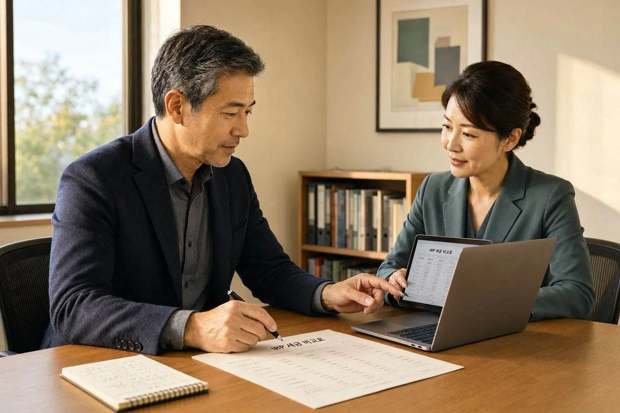 IRP 중도해지 50대 직장인이 사무실 책상에서 IRP 세금 비교표와 상담 장면