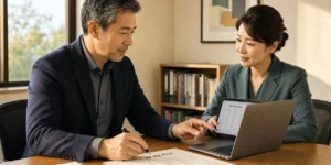 IRP 중도해지 50대 직장인이 사무실 책상에서 IRP 세금 비교표와 상담 장면