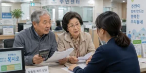기초연금 수급 계산기와 서류를 들고 상담받는 노년 부부, 주민센터 창구