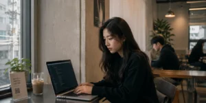 대학생 M5 맥북프로 성수동 카페에서 맥북으로 코딩하는 학생