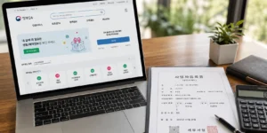 스마트스토어 디지털 상품 정부24 웹사이트 화면과 사업자등록증 서류가 놓인 책상