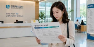 암 진단 후 직장 로비에서 암 진단 후 제도 비교표를 확인하는 30대 한국인