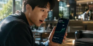 액면분할 후기 카페에서 스마트폰으로 주식 가격 확인하는 직장인이다.