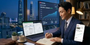 유튜브 숏폼 알고리즘 서울의 야경이 보이는 고층 오피스에서 노트북과 스마트폰을 동시에 활용해 숏폼 대본을 작성하는 전문적인 30대 남성