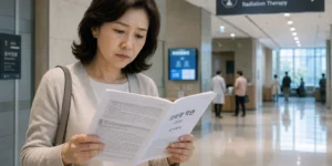 중입자 치료 암보험 약관 서류를 들고 병원 복도에서 고민하는 중년 여성