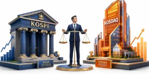 코스피 코스닥 용어 "KOSPI"와 "KOSDAQ"을 상징하는 두 개의 뚜렷한 건축물을 보여주는 고품질 3D 아이소메트릭 일러스트