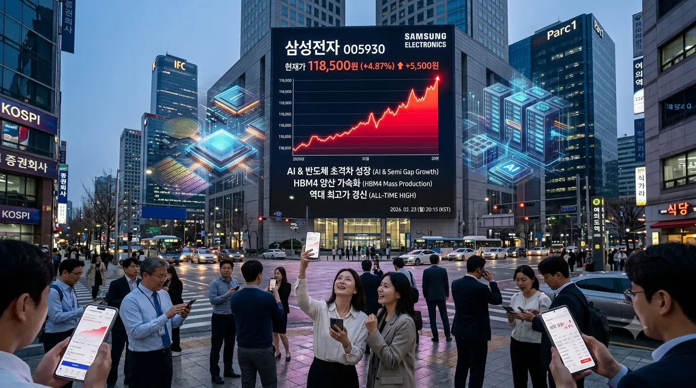 삼성전자 110조 주주환원 서울 여의도 금융가의 대형 전광판에 삼성전자 주가 차트와 상승 그래프가 표시
