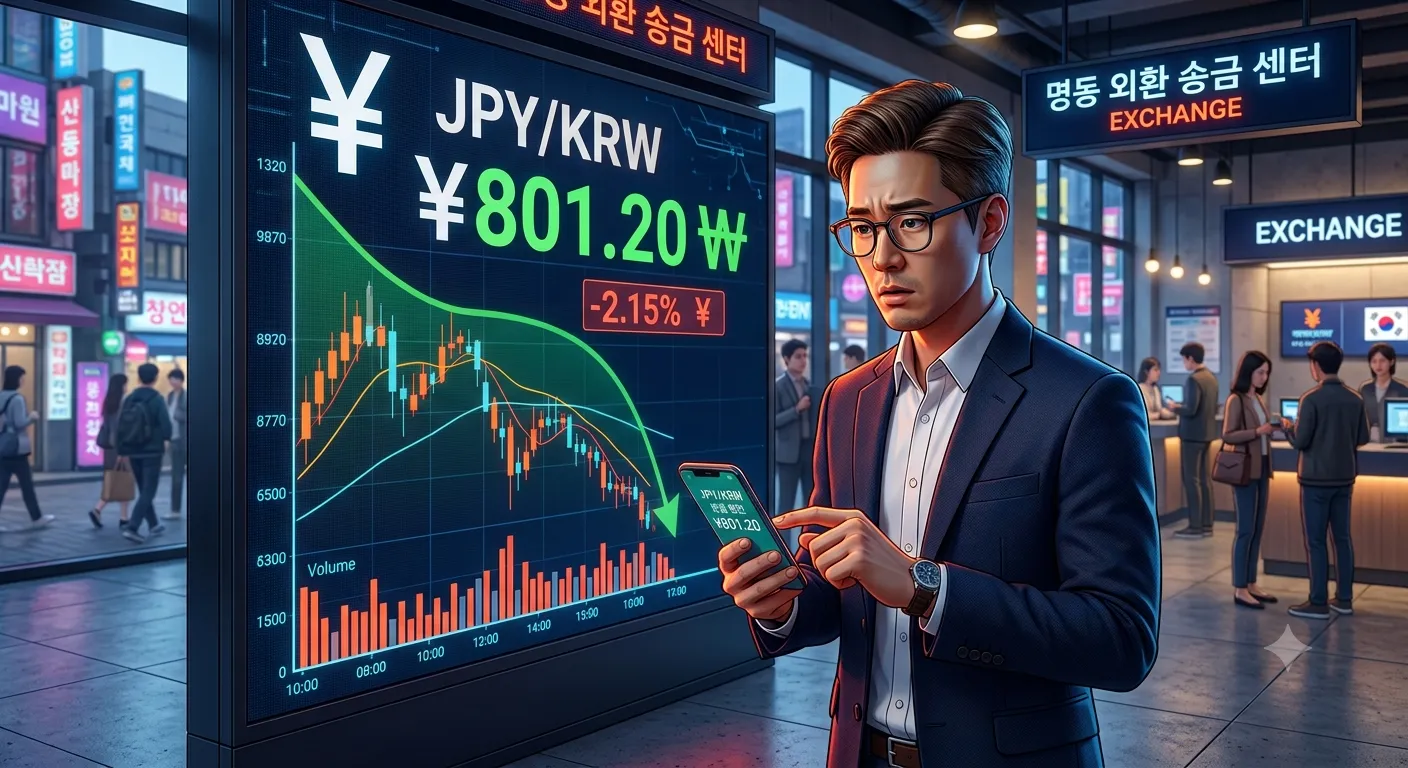엔화 환율 800원대 초비상 상황 속에 있는 남성이 명동 외환 센터에 있다