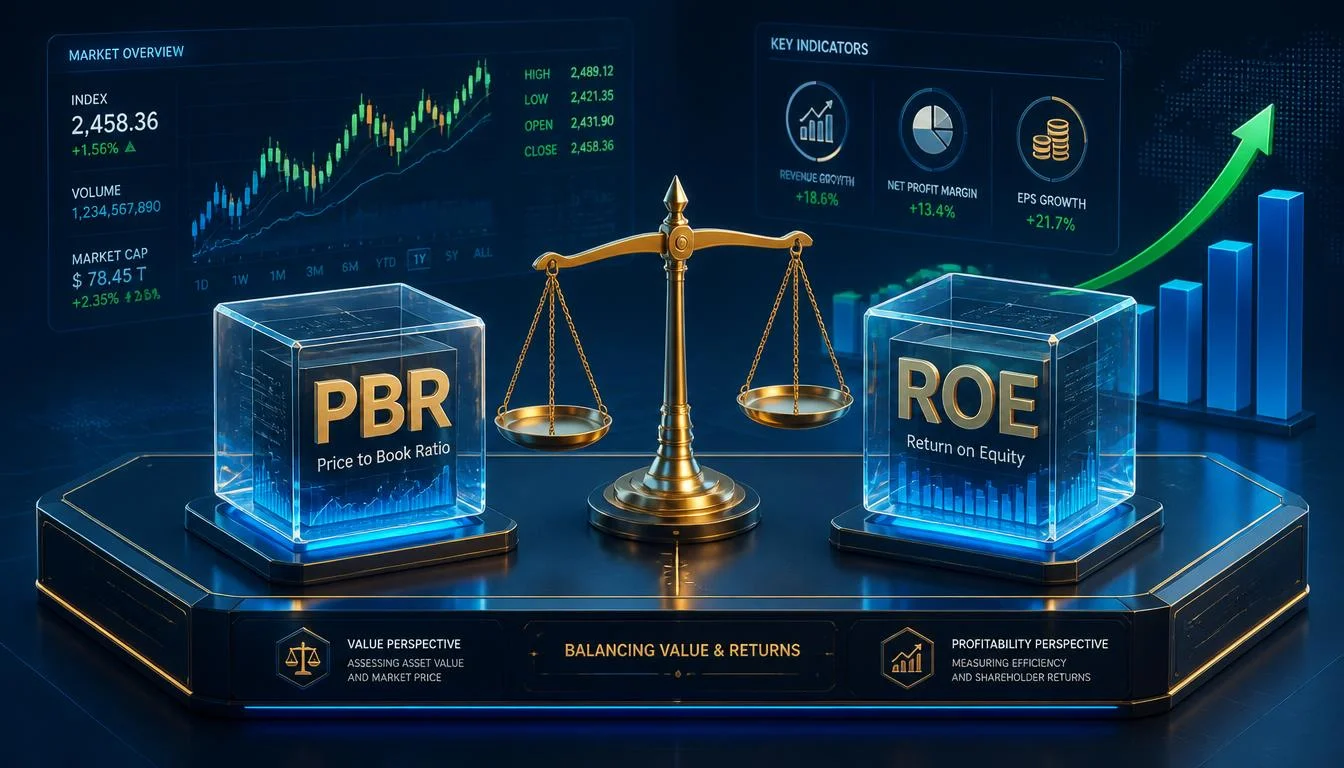 PBR ROE 계산법 "PBR"과 "ROE"라고 적힌 두 개의 큰 유리 큐브 사이에 황금색 저울이 놓여 있음.