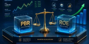 PBR ROE 계산법 "PBR"과 "ROE"라고 적힌 두 개의 큰 유리 큐브 사이에 황금색 저울이 놓여 있음.