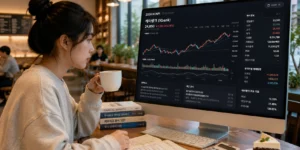 공모주 상장 첫날 케이뱅크 차트를 보면서 카페 스터티하는 대학생이다