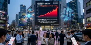 삼성전자 110조 주주환원 서울 여의도 금융가의 대형 전광판에 삼성전자 주가 차트와 상승 그래프가 표시