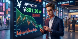 엔화 환율 800원대 초비상 상황 속에 있는 남성이 명동 외환 센터에 있다