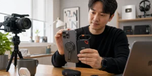 아이폰18 프로맥스 크리에이터가 실제 판매 중인 TORRAS 그립과 SanDisk SSD를 큰 아이폰에 장착하며 작업 준비를 하는 장면입니다.